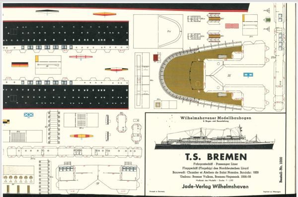 Fahrgastschiff, Flaggschiff der Norddeutschen Lloyd T.S. Bremen IV, umgebaut bei Bremer Vulkan, Bremen-Vogesack 1958/59 1:250 Wasserlinienmodell